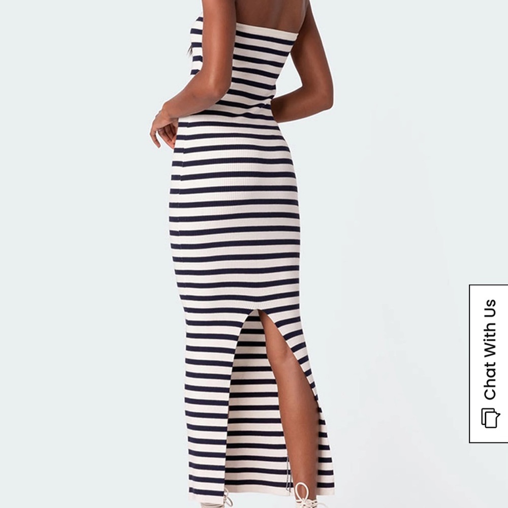 Edikted Navy and White Striped Strapless Maxi Dress